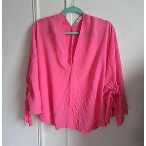 Zara Womens Large Batwing Pink Top Tie Sleeve Blouson